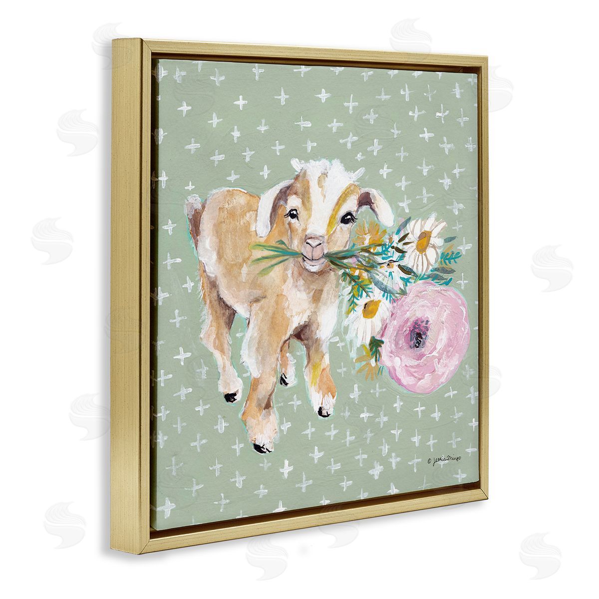 Jessica Mingo Attentive Buckling Goat Offering Flowers Studded Backdrop Gold Floating Frame Canvas Wall Art Print