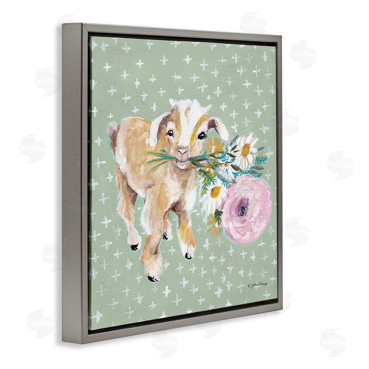 Jessica Mingo Attentive Buckling Goat Offering Flowers Studded Backdrop Gray Floating Frame Canvas Wall Art Print
