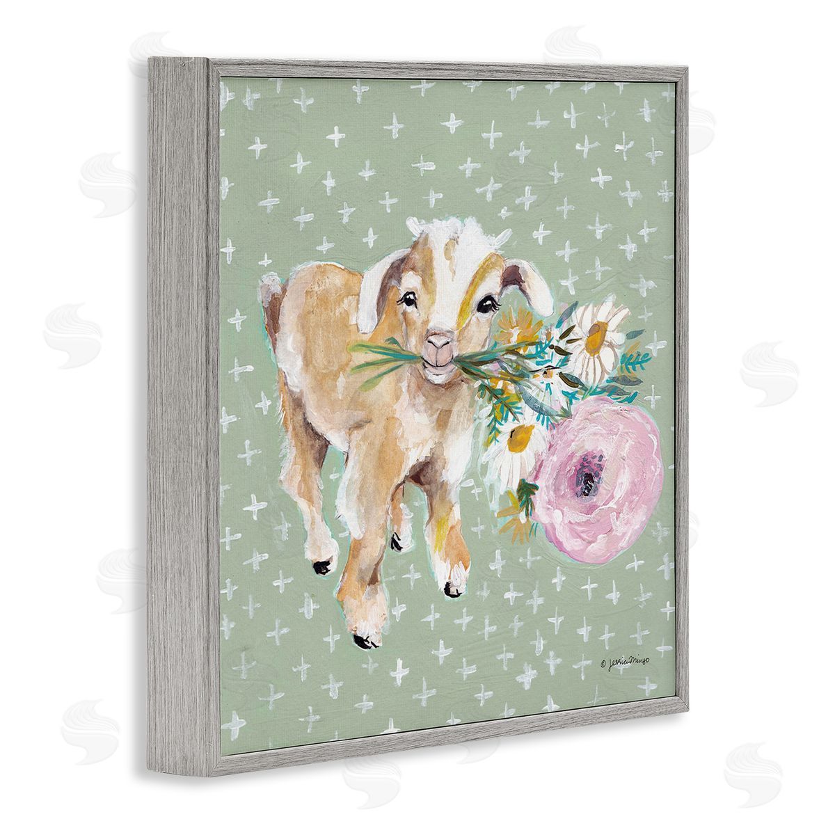 Jessica Mingo Attentive Buckling Goat Offering Flowers Studded Backdrop Gray Framed Glicee Wall Art Print