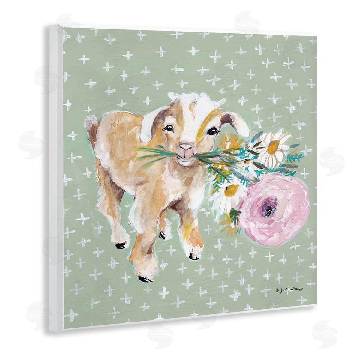 Jessica Mingo Attentive Buckling Goat Offering Flowers Studded Backdrop Wooden Wall Plaque Art Print