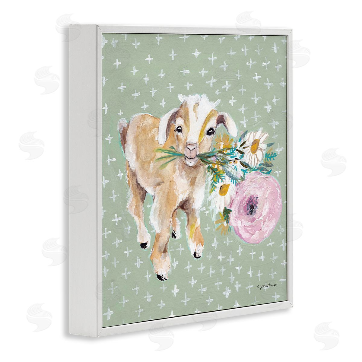 Jessica Mingo Attentive Buckling Goat Offering Flowers Studded Backdrop White Framed Glicee Wall Art Print