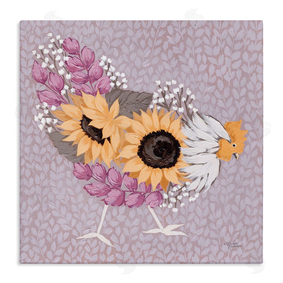 Michele Norman Chicken Hen Ground Pecking Pink Sunflower Design Collage Stretched Canvas Wall Art Print