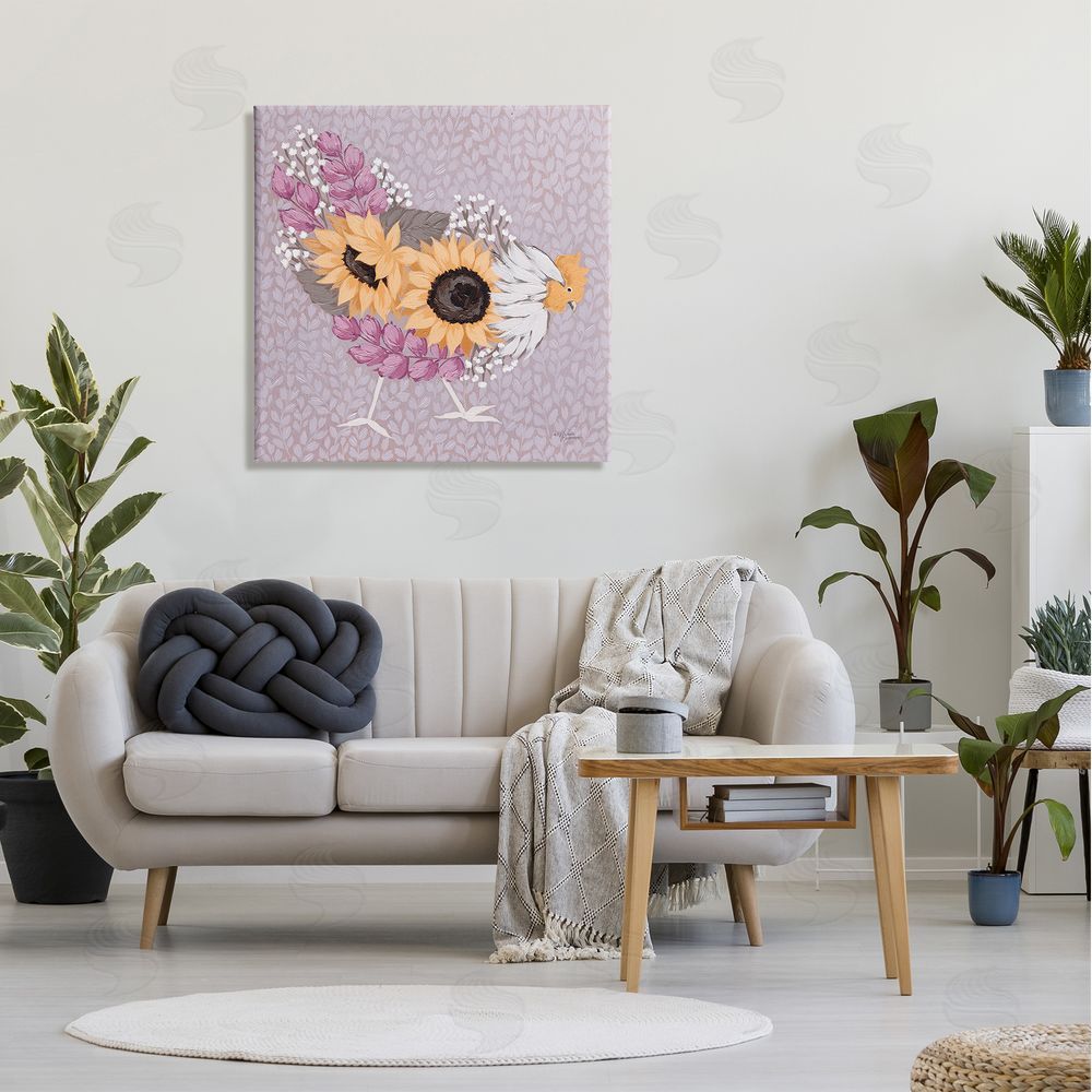 Michele Norman Chicken Hen Ground Pecking Pink Sunflower Design Collage Canvas Wall Art in Room