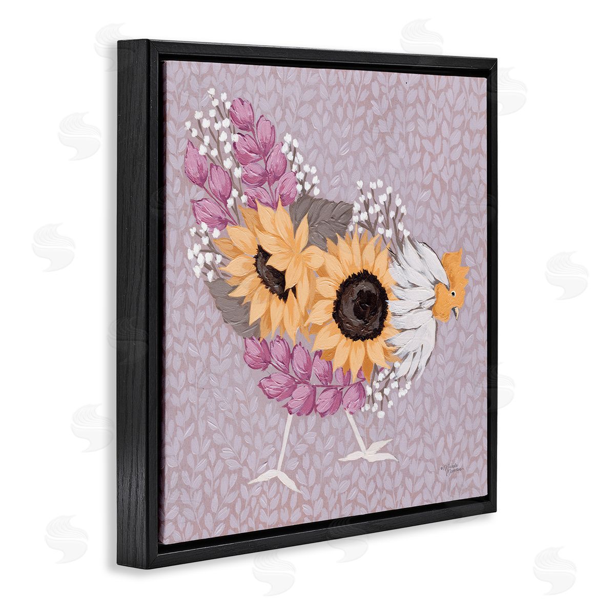 Michele Norman Chicken Hen Ground Pecking Pink Sunflower Design Collage Black Floating Frame Canvas Wall Art Print