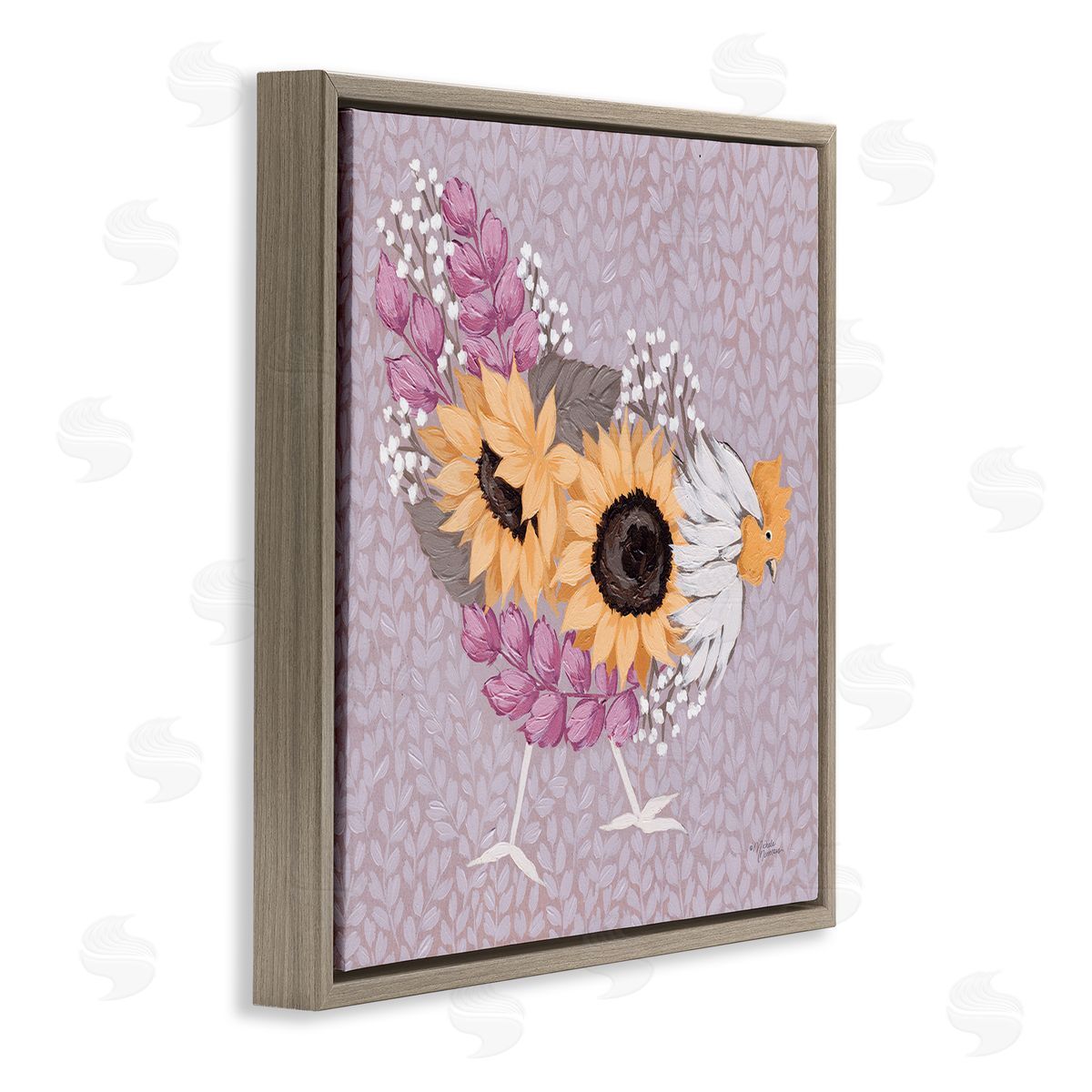 Michele Norman Chicken Hen Ground Pecking Pink Sunflower Design Collage Brown Floating Frame Canvas Wall Art Print
