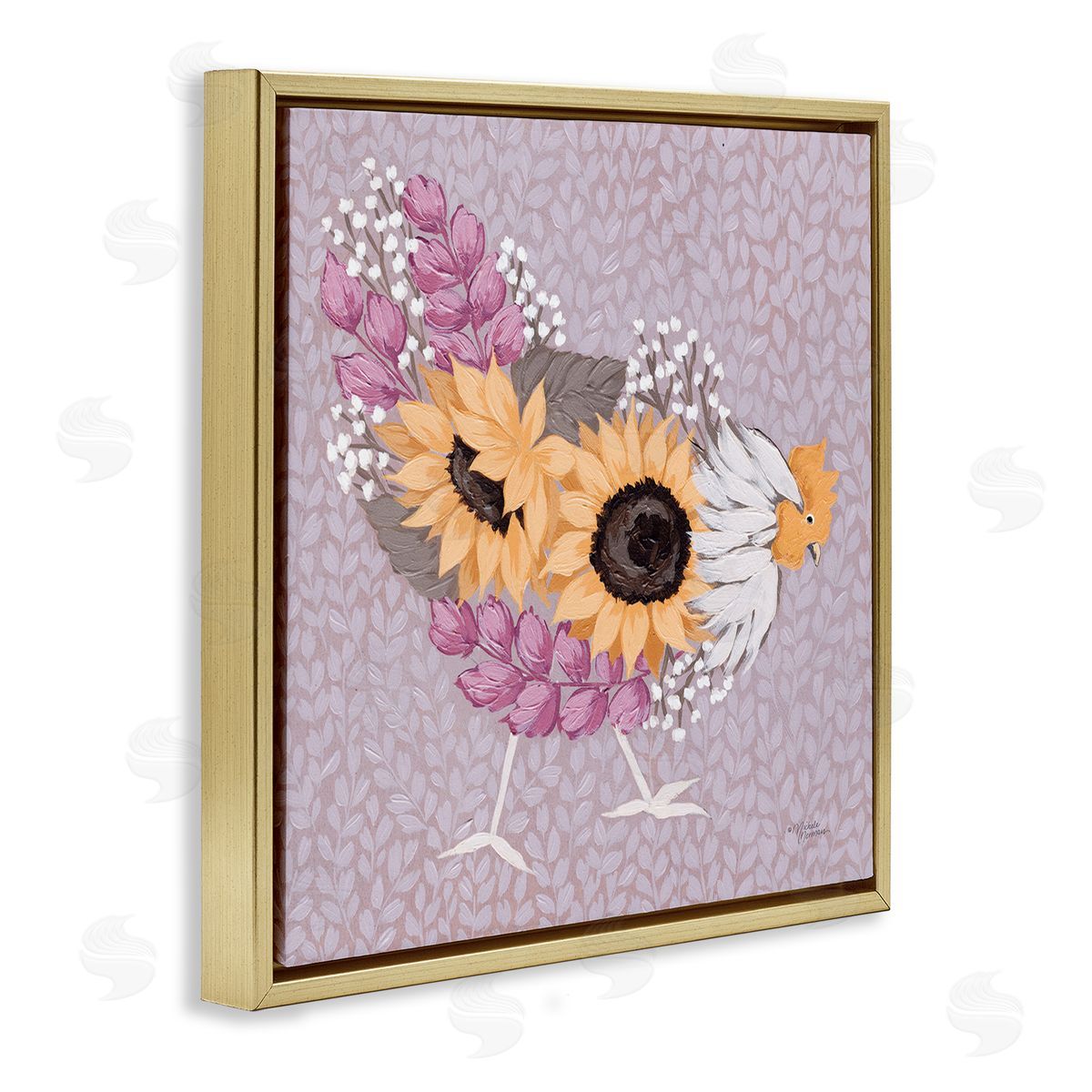 Michele Norman Chicken Hen Ground Pecking Pink Sunflower Design Collage Gold Floating Frame Canvas Wall Art Print