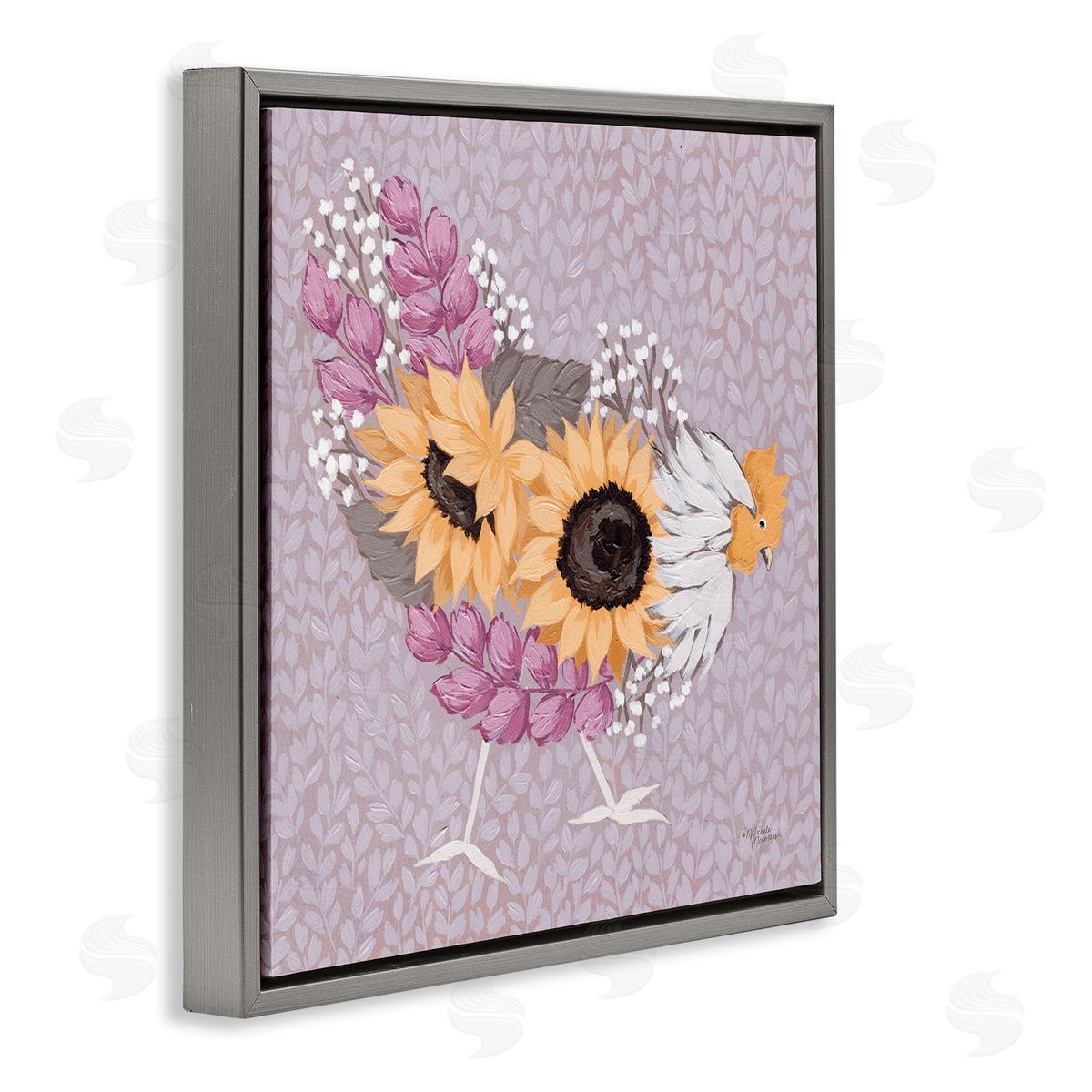 Michele Norman Chicken Hen Ground Pecking Pink Sunflower Design Collage Gray Floating Frame Canvas Wall Art Print