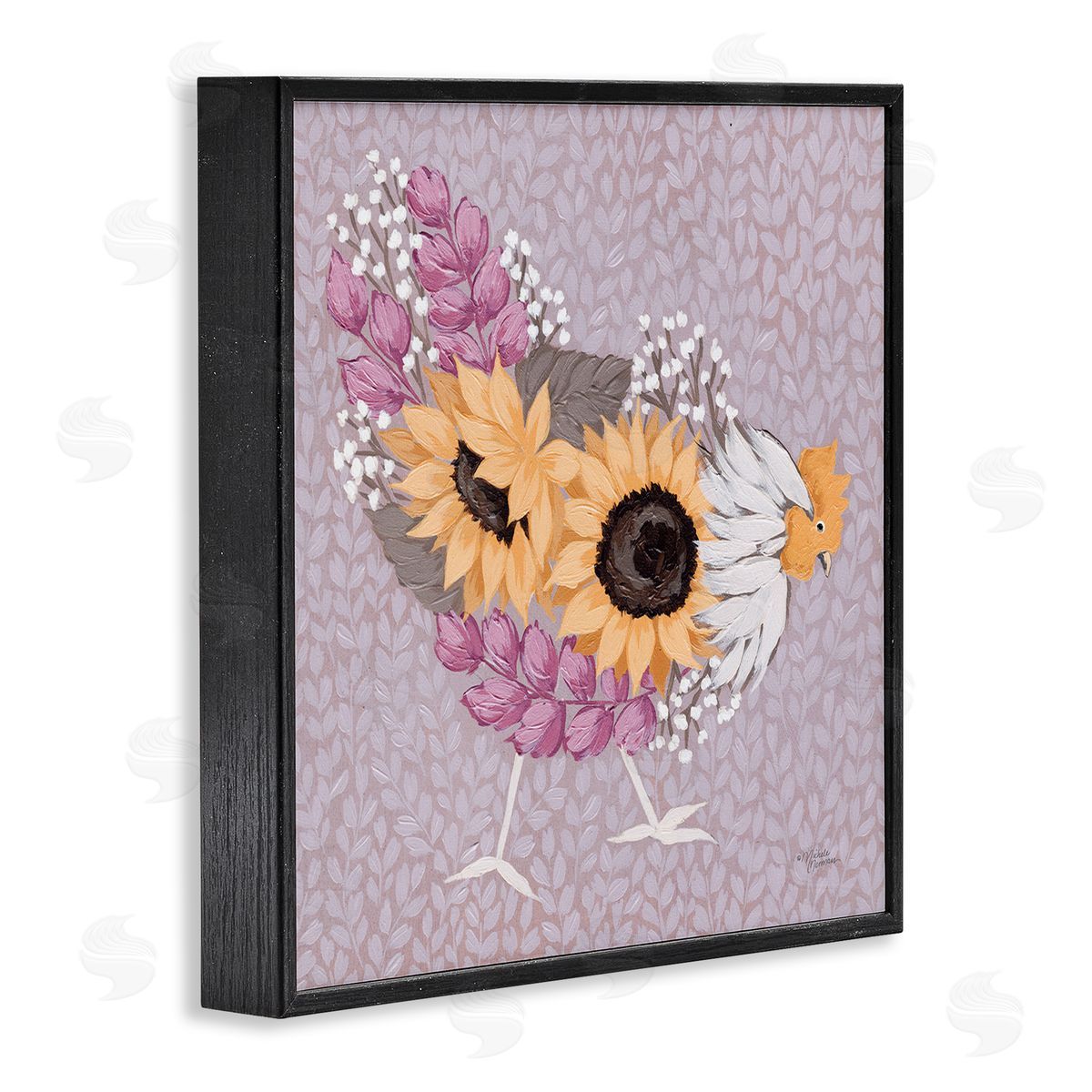Michele Norman Chicken Hen Ground Pecking Pink Sunflower Design Collage Black Framed Glicee Wall Art Print