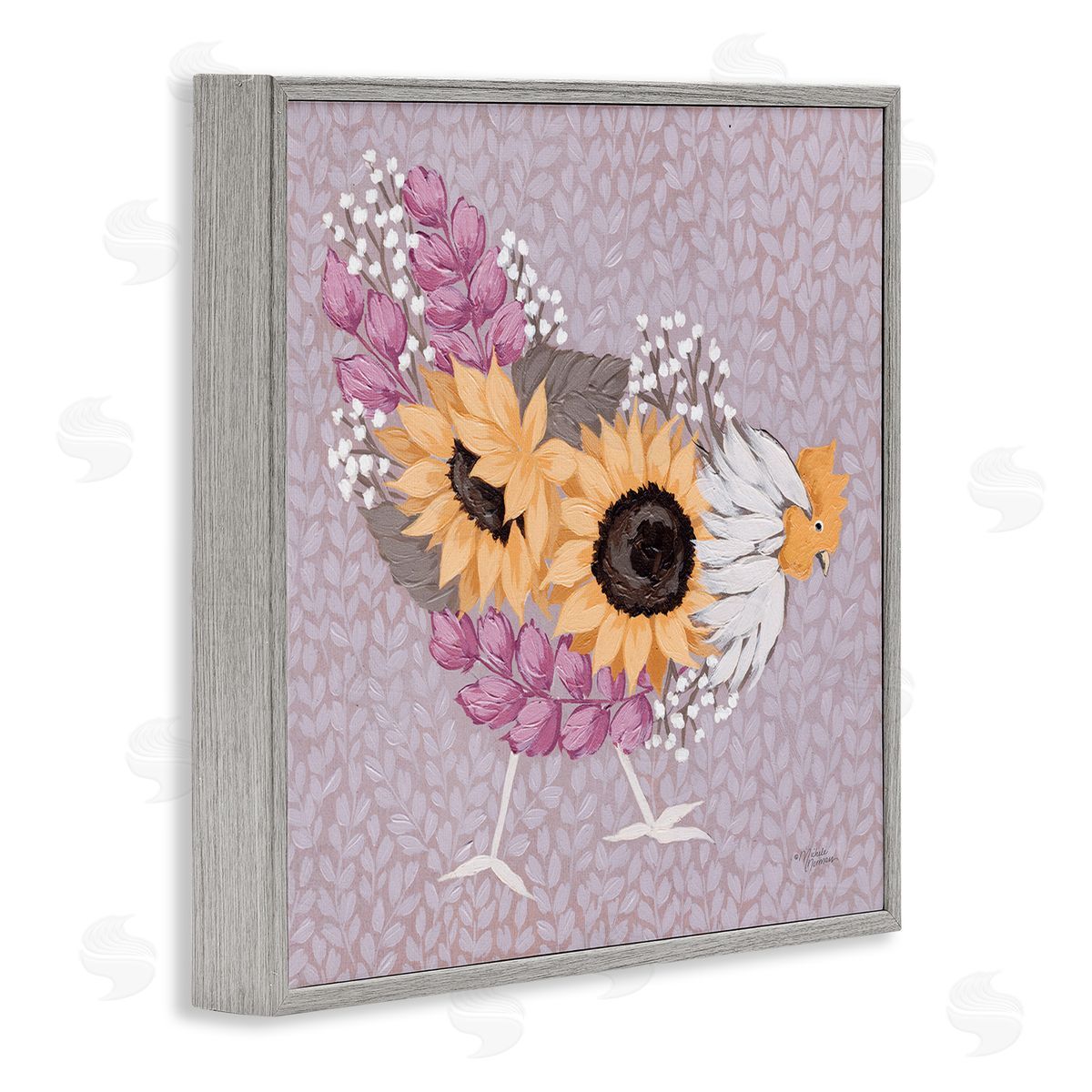 Michele Norman Chicken Hen Ground Pecking Pink Sunflower Design Collage Gray Framed Glicee Wall Art Print