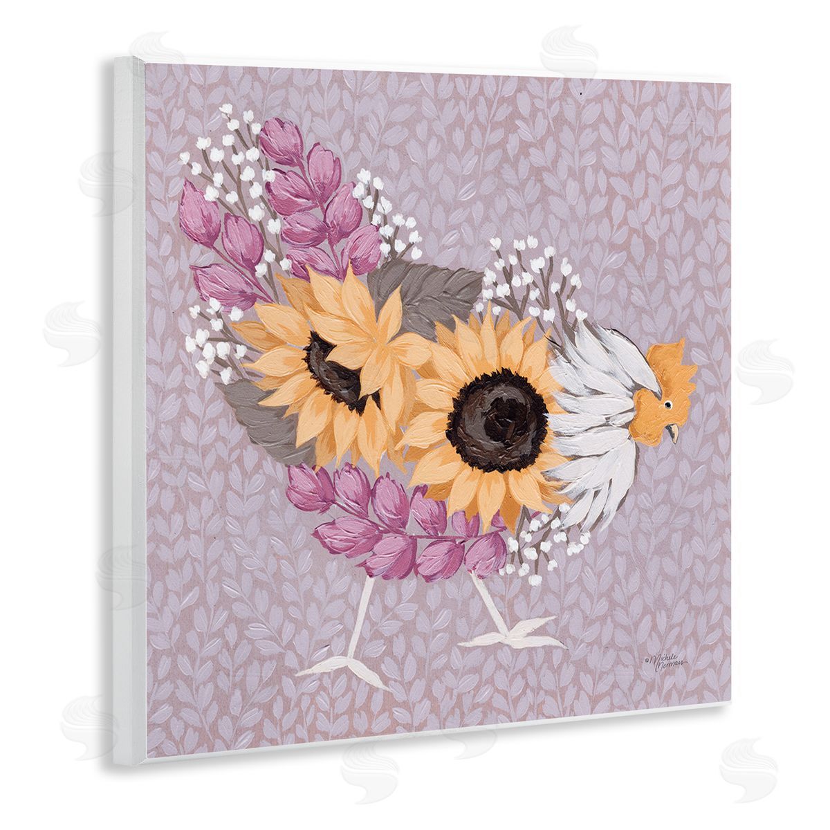 Michele Norman Chicken Hen Ground Pecking Pink Sunflower Design Collage Wooden Wall Plaque Art Print