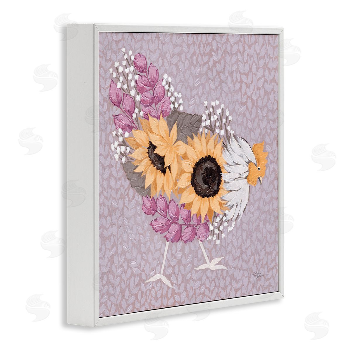 Michele Norman Chicken Hen Ground Pecking Pink Sunflower Design Collage White Framed Glicee Wall Art Print