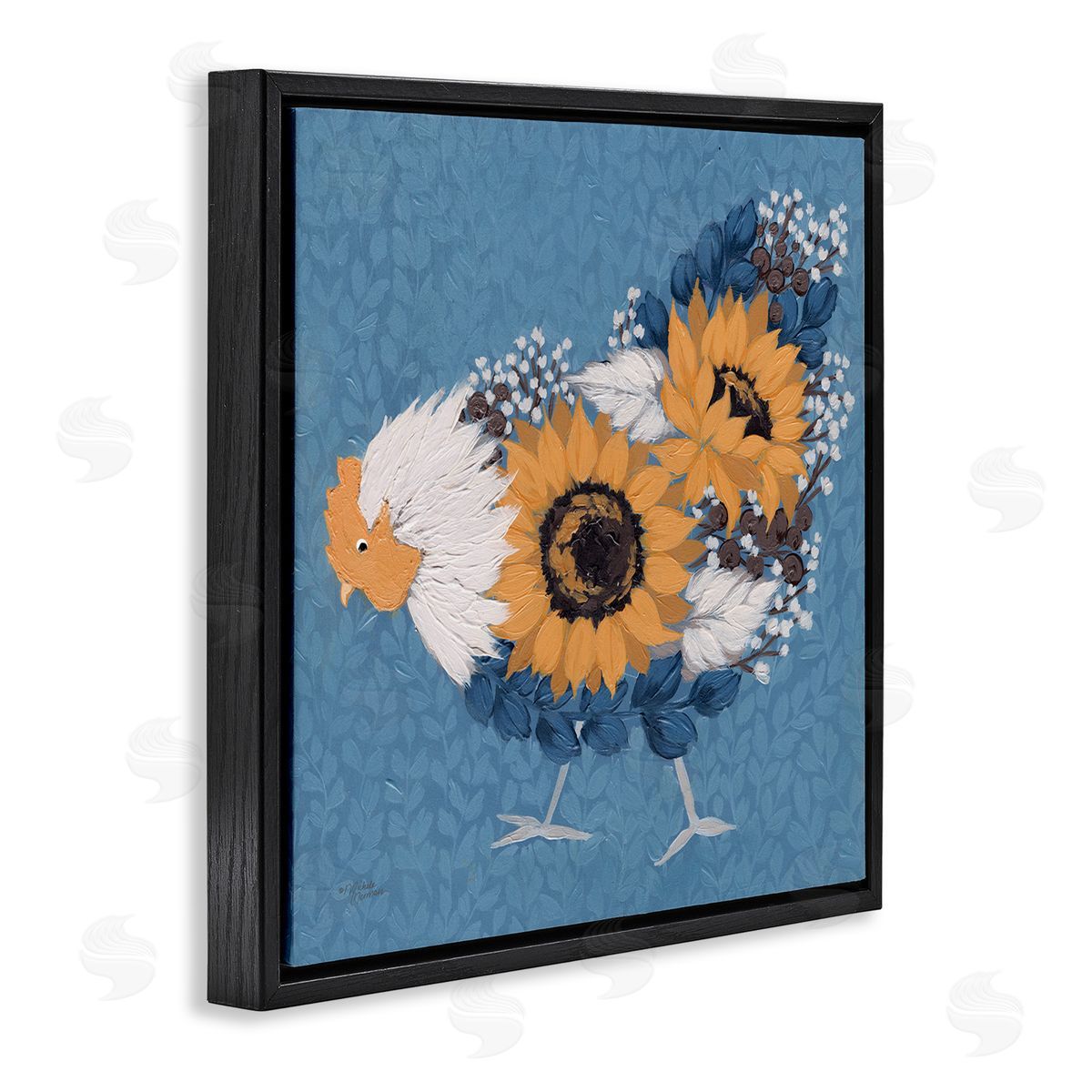 Michele Norman Pecking Farm Chicken Floral Blossom Arrangement Bouquet Black Floating Frame Canvas Wall Art Print