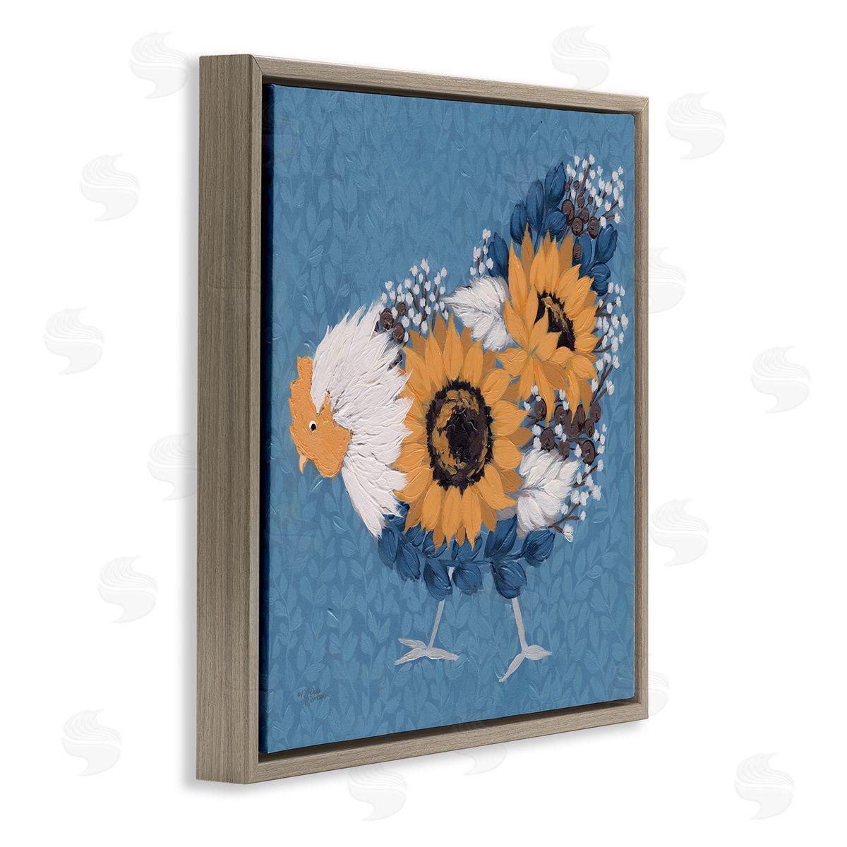 Michele Norman Pecking Farm Chicken Floral Blossom Arrangement Bouquet Brown Floating Frame Canvas Wall Art Print