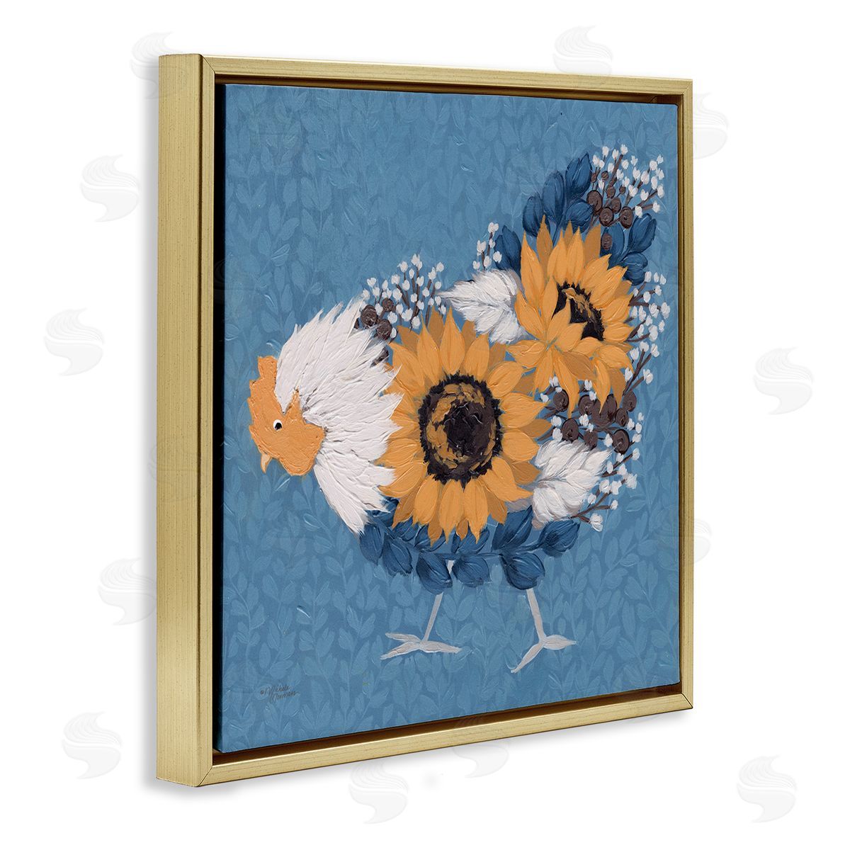 Michele Norman Pecking Farm Chicken Floral Blossom Arrangement Bouquet Gold Floating Frame Canvas Wall Art Print