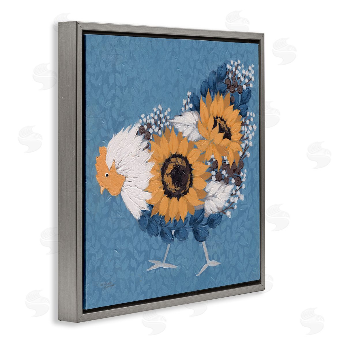 Michele Norman Pecking Farm Chicken Floral Blossom Arrangement Bouquet Gray Floating Frame Canvas Wall Art Print