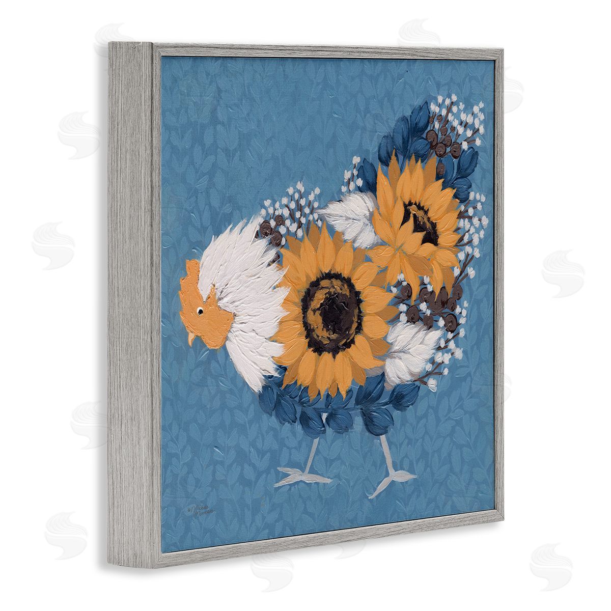 Michele Norman Pecking Farm Chicken Floral Blossom Arrangement Bouquet Gray Framed Glicee Wall Art Print
