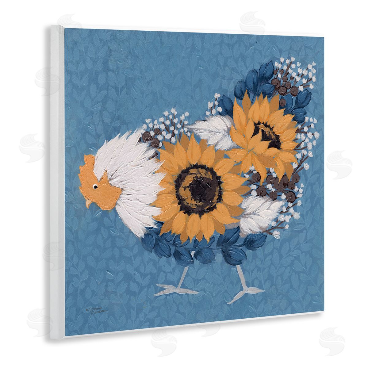 Michele Norman Pecking Farm Chicken Floral Blossom Arrangement Bouquet Wooden Wall Plaque Art Print