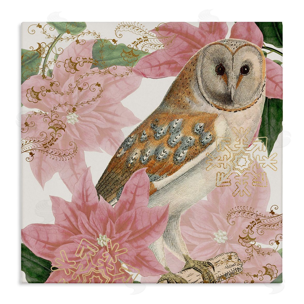 Stupell Studio Observant Posed Golden Owl Spring Floral Vintage Collage Stretched Canvas Wall Art Print