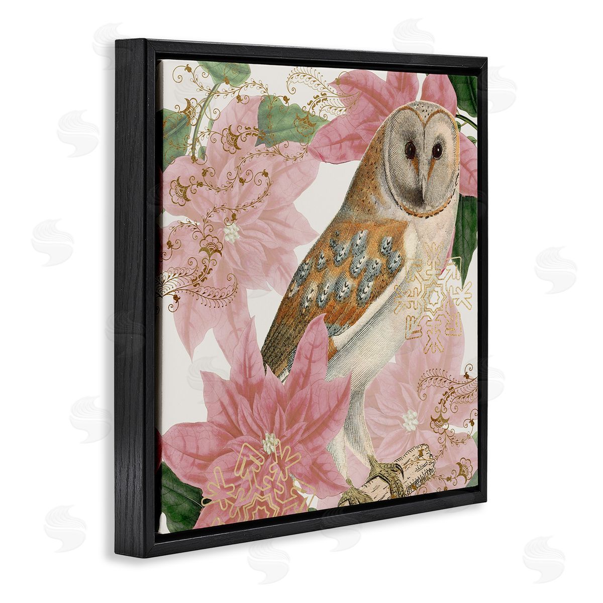Stupell Studio Observant Posed Golden Owl Spring Floral Vintage Collage Black Floating Frame Canvas Wall Art Print