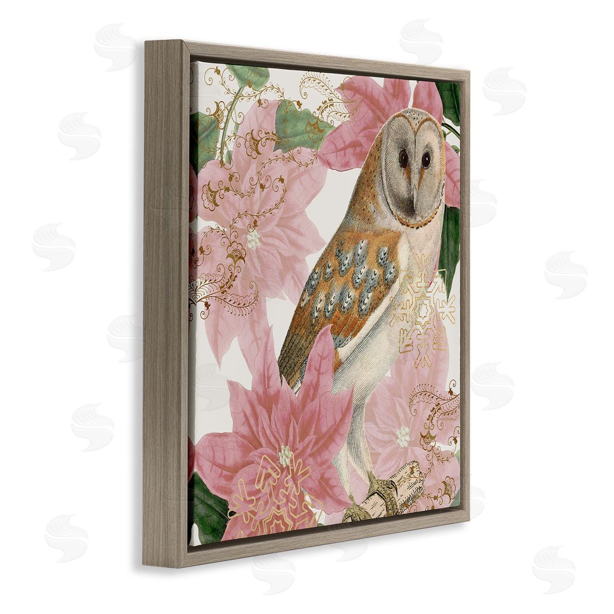 Stupell Studio Observant Posed Golden Owl Spring Floral Vintage Collage Brown Floating Frame Canvas Wall Art Print
