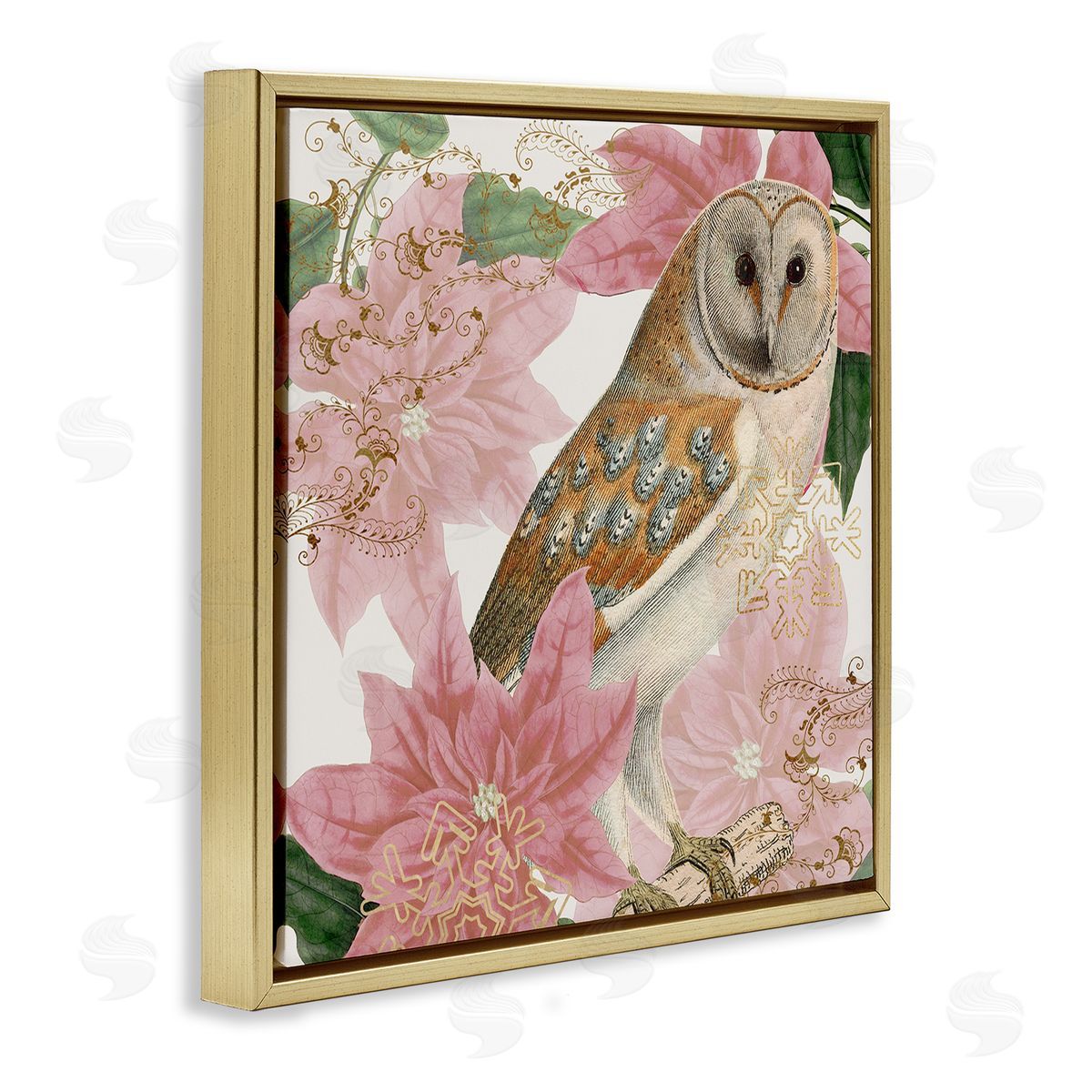 Stupell Studio Observant Posed Golden Owl Spring Floral Vintage Collage Gold Floating Frame Canvas Wall Art Print