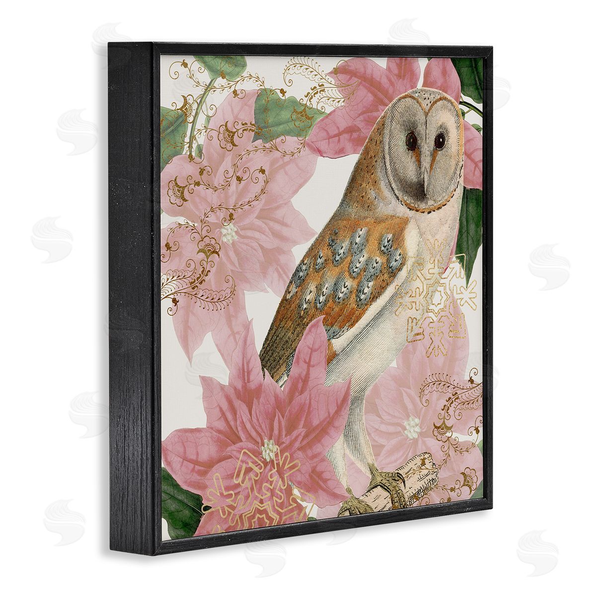 Stupell Studio Observant Posed Golden Owl Spring Floral Vintage Collage Black Framed Glicee Wall Art Print
