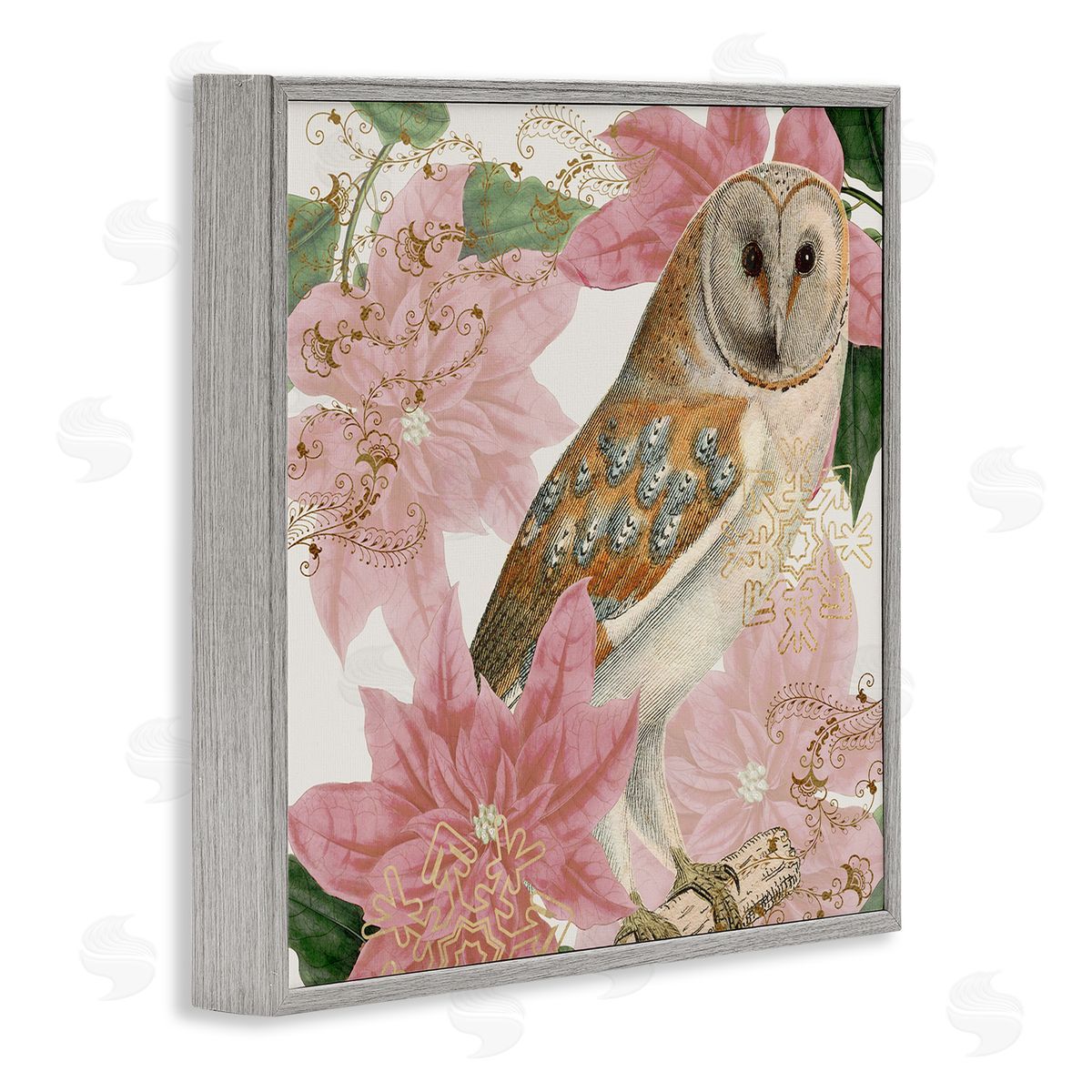 Stupell Studio Observant Posed Golden Owl Spring Floral Vintage Collage Gray Framed Glicee Wall Art Print
