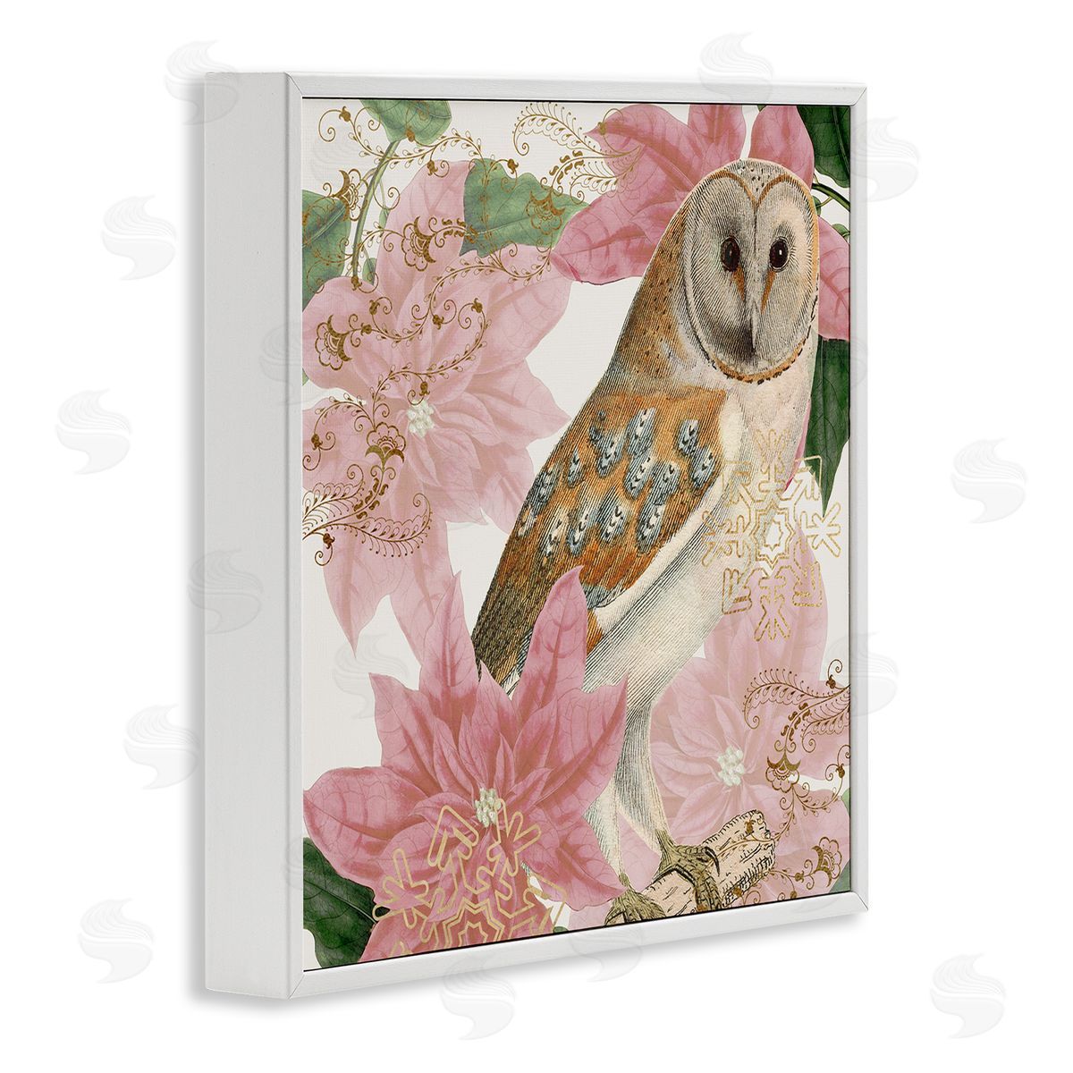 Stupell Studio Observant Posed Golden Owl Spring Floral Vintage Collage White Framed Glicee Wall Art Print