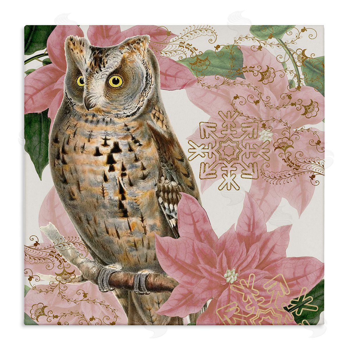Stupell Studio Elegant Resting Silver Owl Geometric Snowflake Vintage Collage Stretched Canvas Wall Art Print