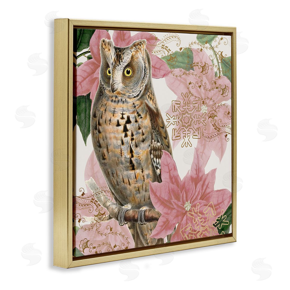 Stupell Studio Elegant Resting Silver Owl Geometric Snowflake Vintage Collage Gold Floating Frame Canvas Wall Art Print