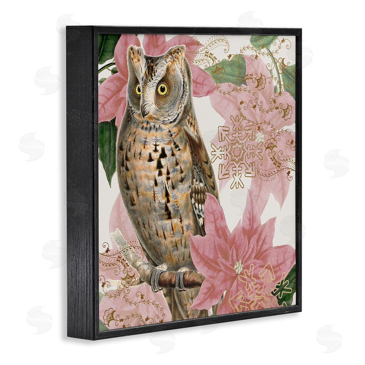 Stupell Studio Elegant Resting Silver Owl Geometric Snowflake Vintage Collage Black Framed Glicee Wall Art Print