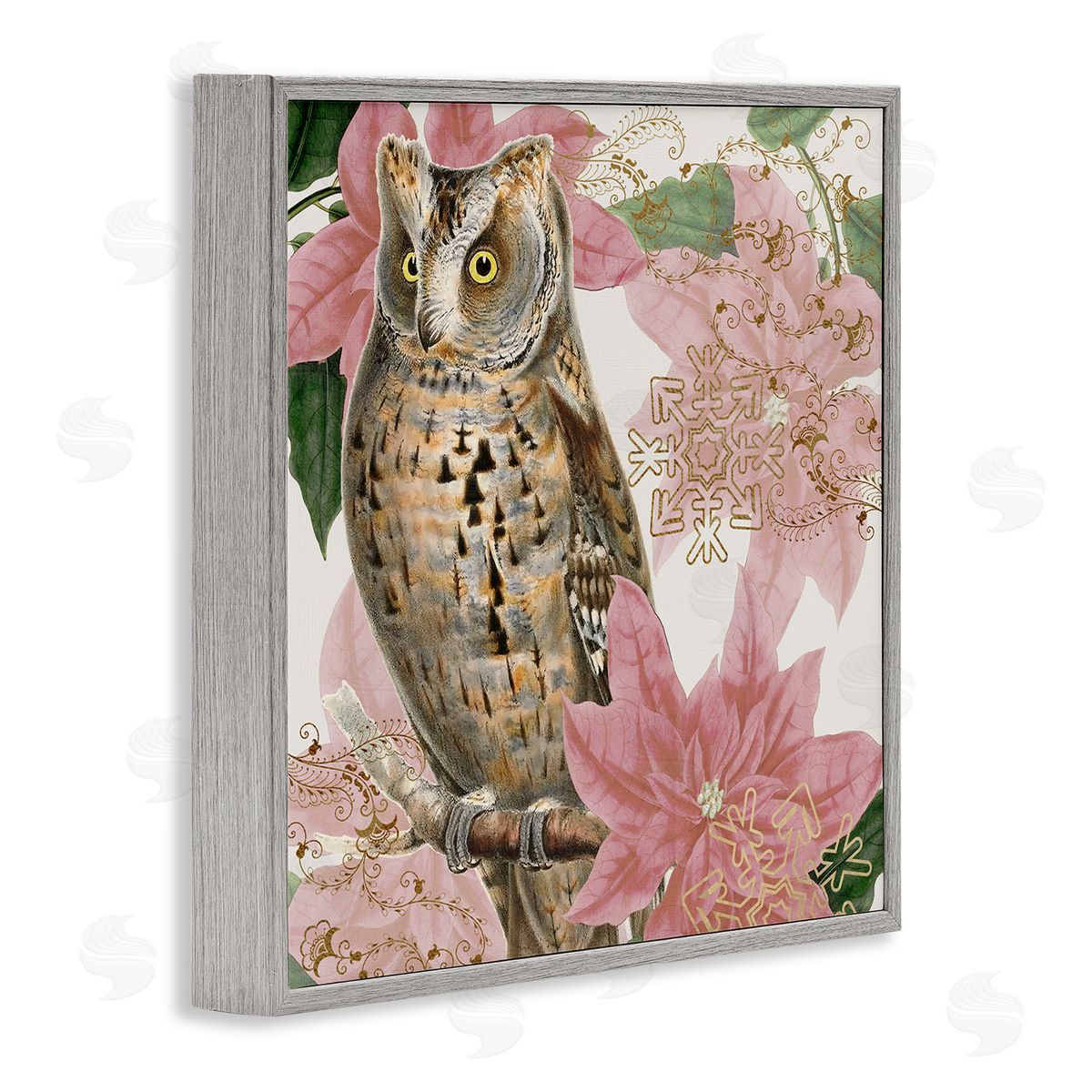 Stupell Studio Elegant Resting Silver Owl Geometric Snowflake Vintage Collage Gray Framed Glicee Wall Art Print