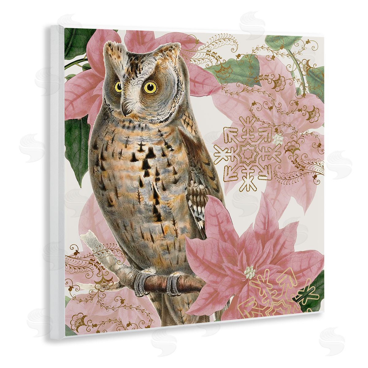 Stupell Studio Elegant Resting Silver Owl Geometric Snowflake Vintage Collage Wooden Wall Plaque Art Print