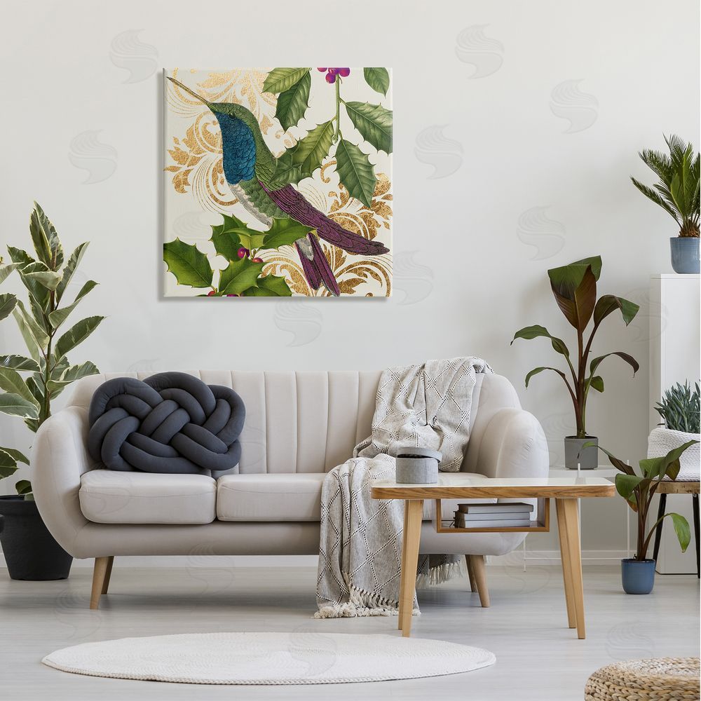 Stupell Studio Curious Hummingbird Golden Pattern Winter Holly Bird Canvas Wall Art in Room