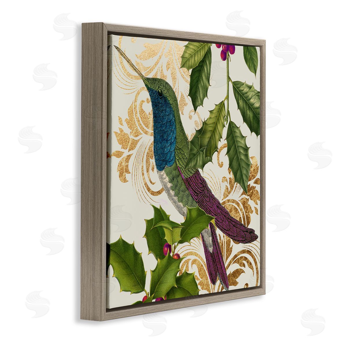 Stupell Studio Curious Hummingbird Golden Pattern Winter Holly Bird Brown Floating Frame Canvas Wall Art Print
