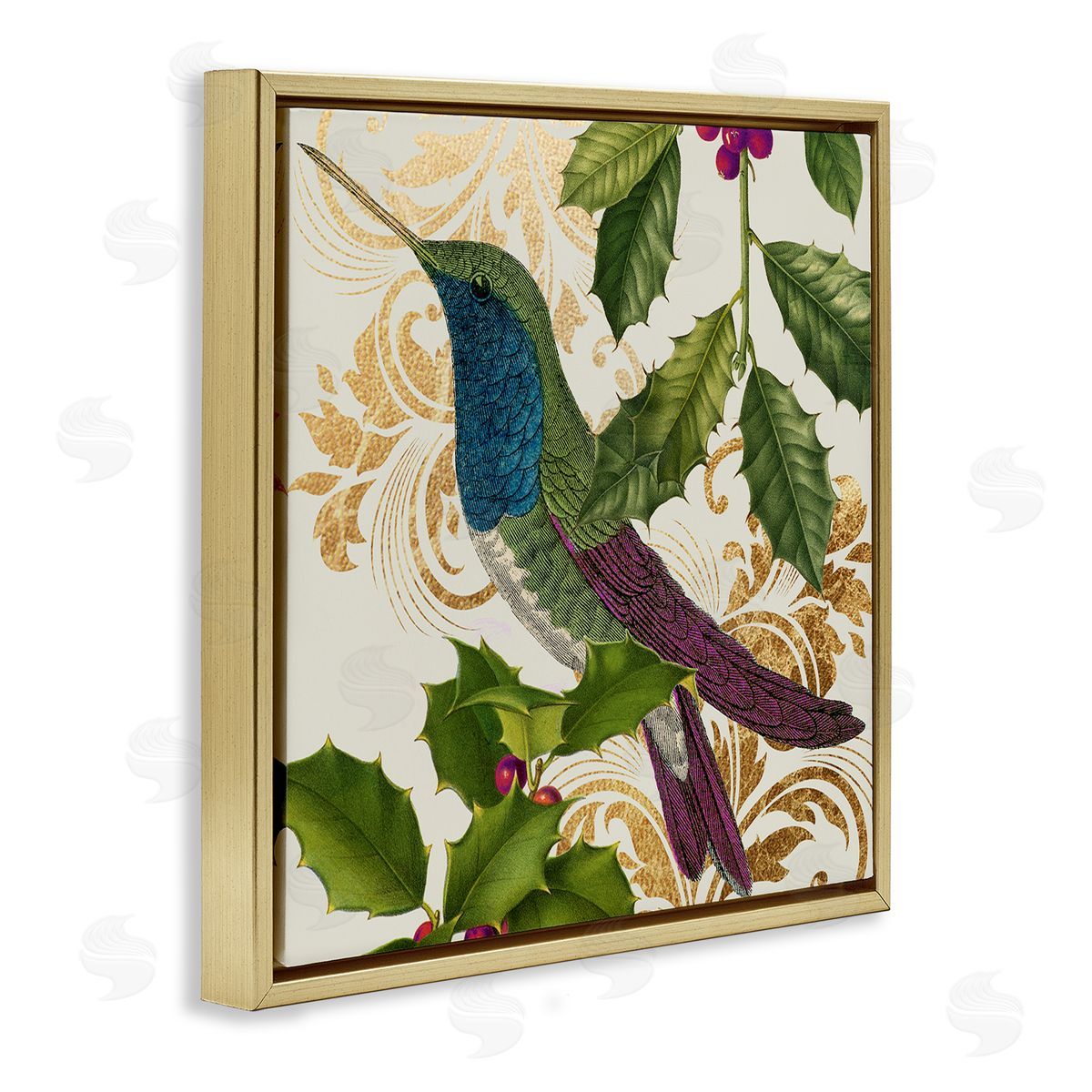 Stupell Studio Curious Hummingbird Golden Pattern Winter Holly Bird Gold Floating Frame Canvas Wall Art Print