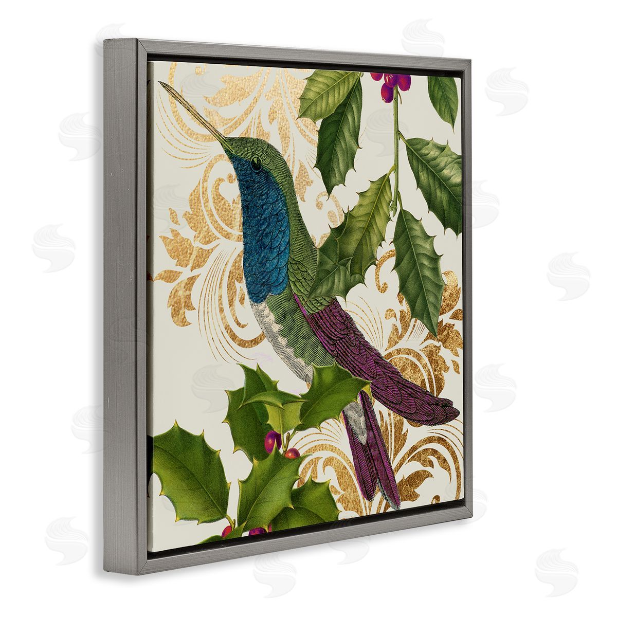 Stupell Studio Curious Hummingbird Golden Pattern Winter Holly Bird Gray Floating Frame Canvas Wall Art Print