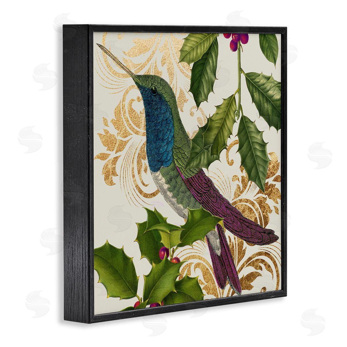 Stupell Studio Curious Hummingbird Golden Pattern Winter Holly Bird Black Framed Glicee Wall Art Print
