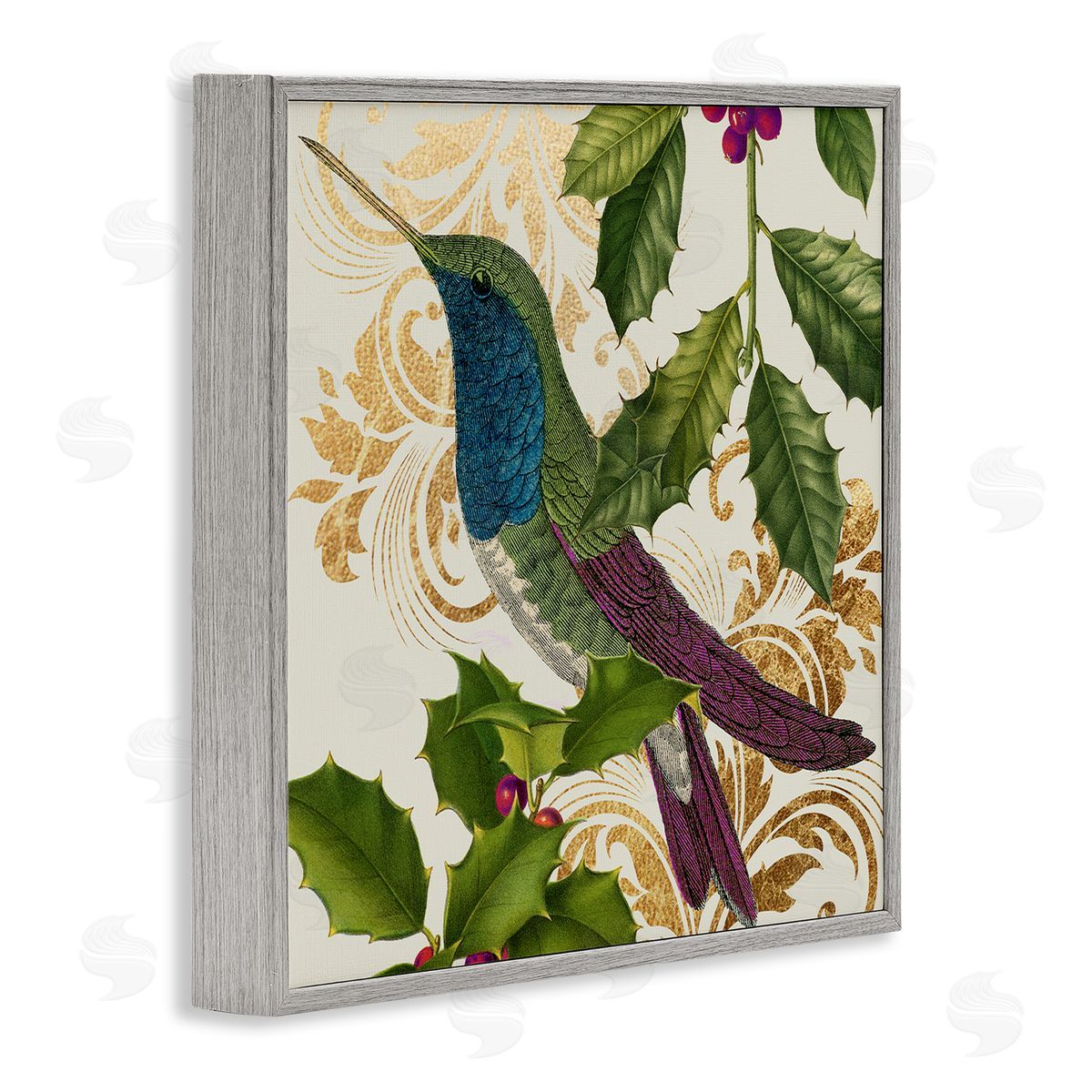Stupell Studio Curious Hummingbird Golden Pattern Winter Holly Bird Gray Framed Glicee Wall Art Print