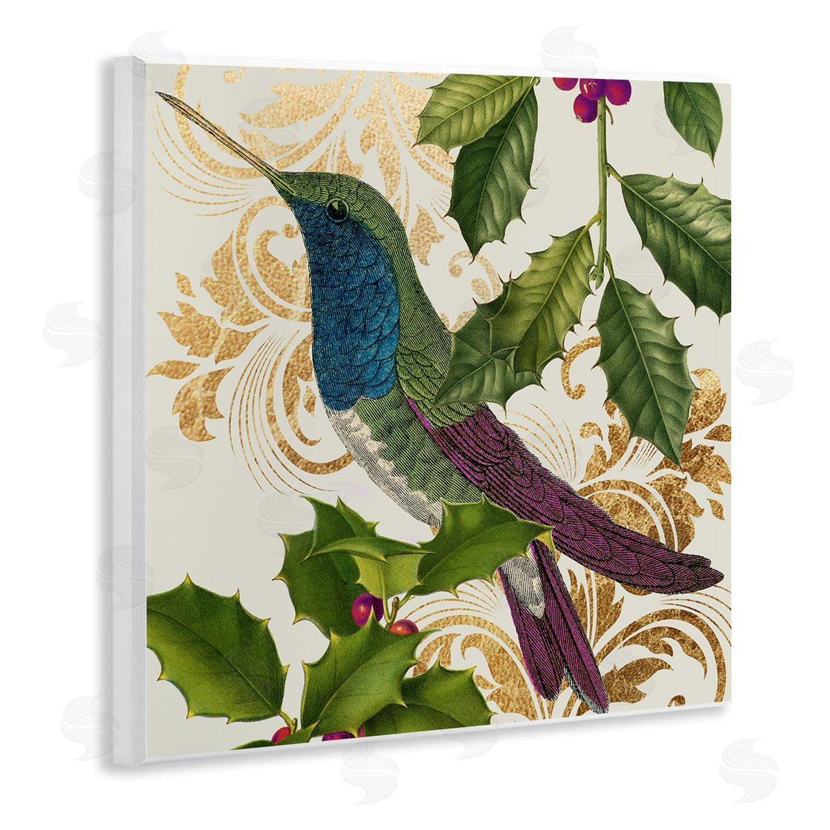 Stupell Studio Curious Hummingbird Golden Pattern Winter Holly Bird Wooden Wall Plaque Art Print