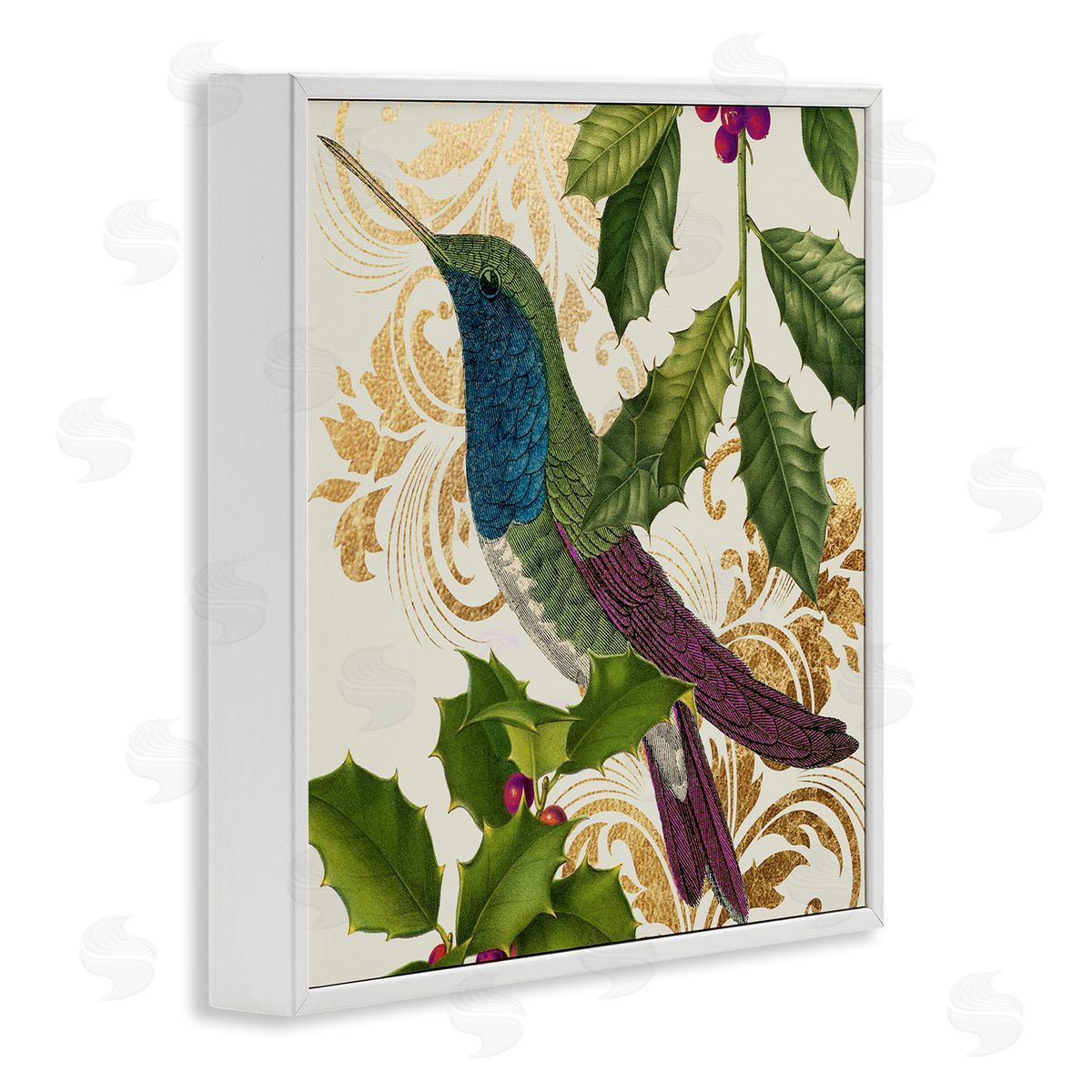 Stupell Studio Curious Hummingbird Golden Pattern Winter Holly Bird White Framed Glicee Wall Art Print