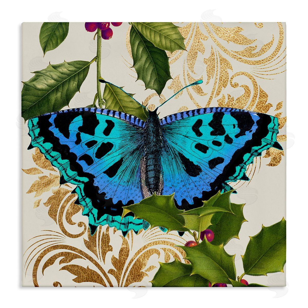 Stupell Studio Dazzling Butterfly Wings Golden Floral Design Winter Holly Stretched Canvas Wall Art Print