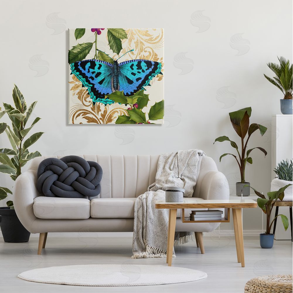 Stupell Studio Dazzling Butterfly Wings Golden Floral Design Winter Holly Canvas Wall Art in Room