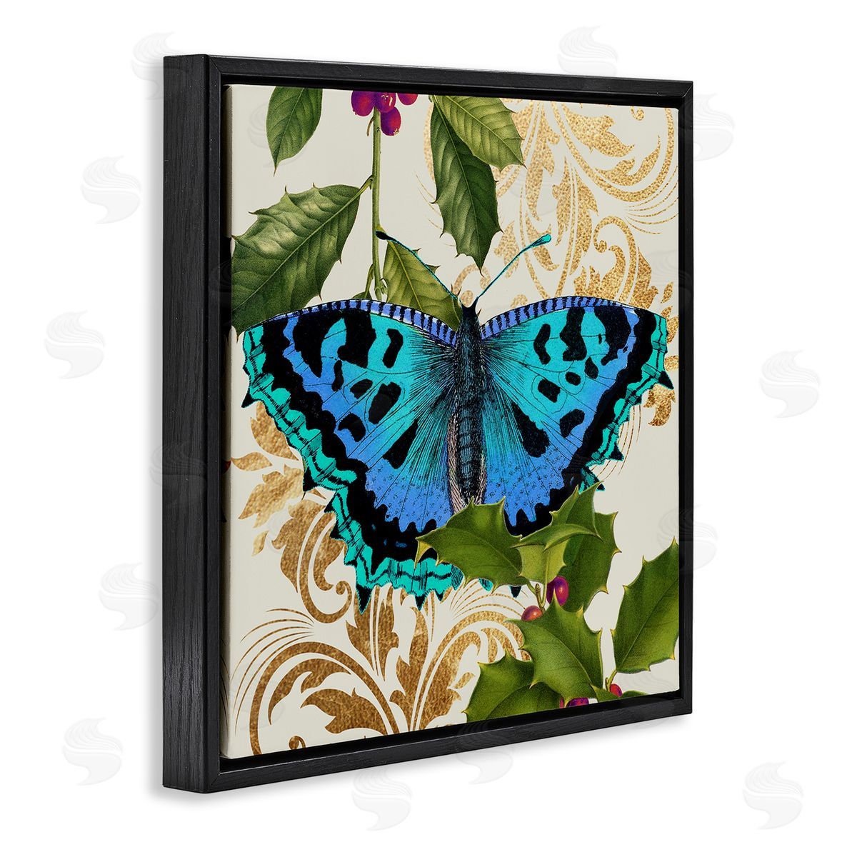 Stupell Studio Dazzling Butterfly Wings Golden Floral Design Winter Holly Black Floating Frame Canvas Wall Art Print