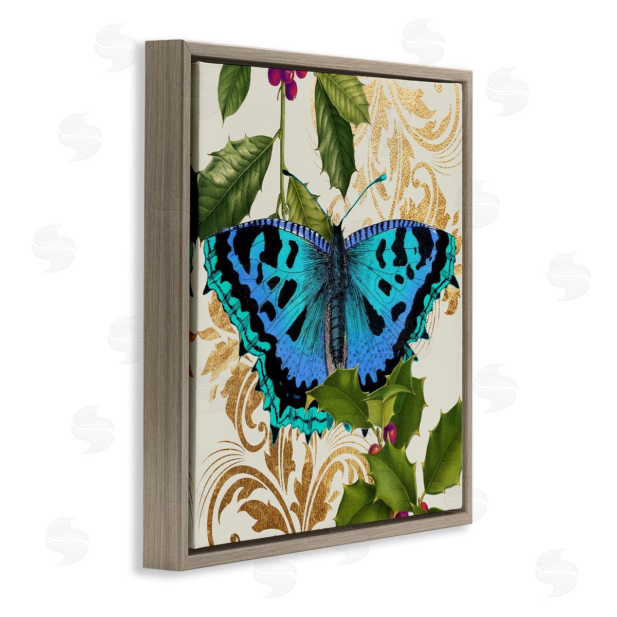 Stupell Studio Dazzling Butterfly Wings Golden Floral Design Winter Holly Brown Floating Frame Canvas Wall Art Print