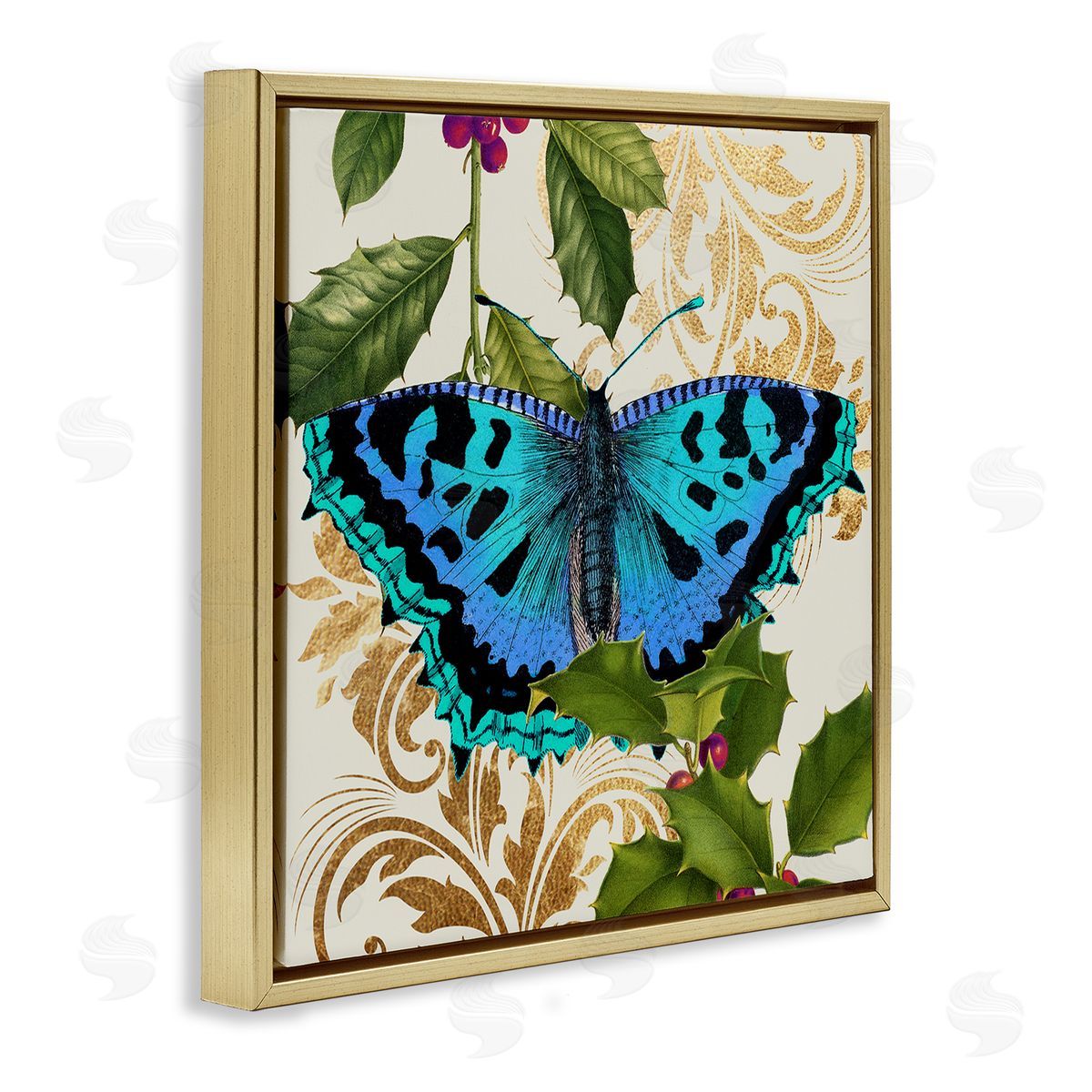 Stupell Studio Dazzling Butterfly Wings Golden Floral Design Winter Holly Gold Floating Frame Canvas Wall Art Print