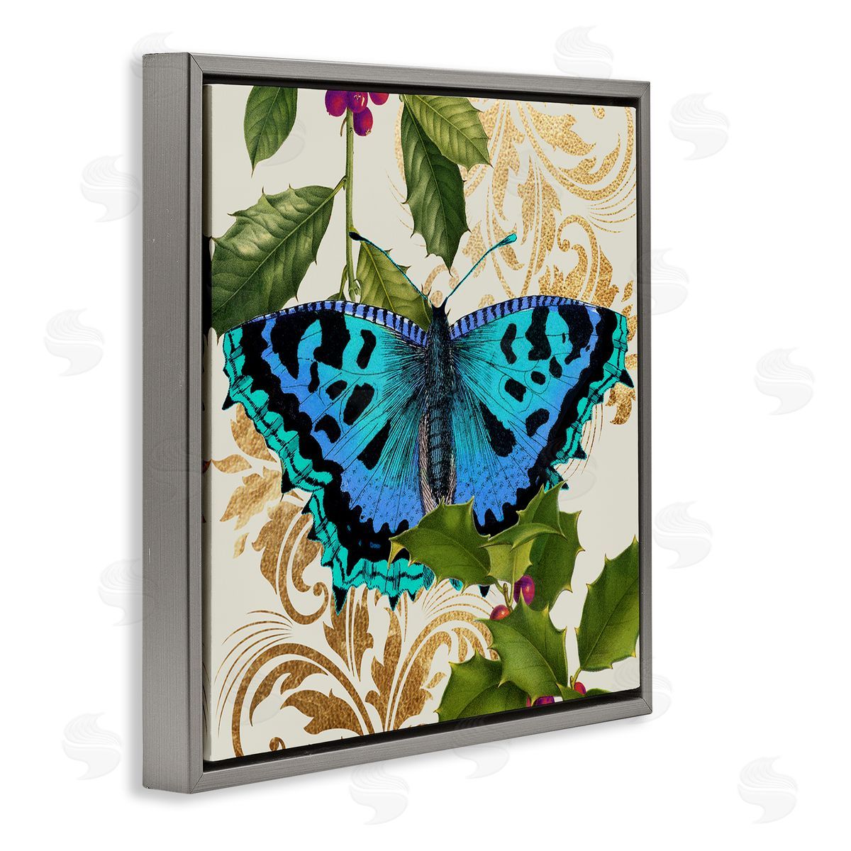 Stupell Studio Dazzling Butterfly Wings Golden Floral Design Winter Holly Gray Floating Frame Canvas Wall Art Print