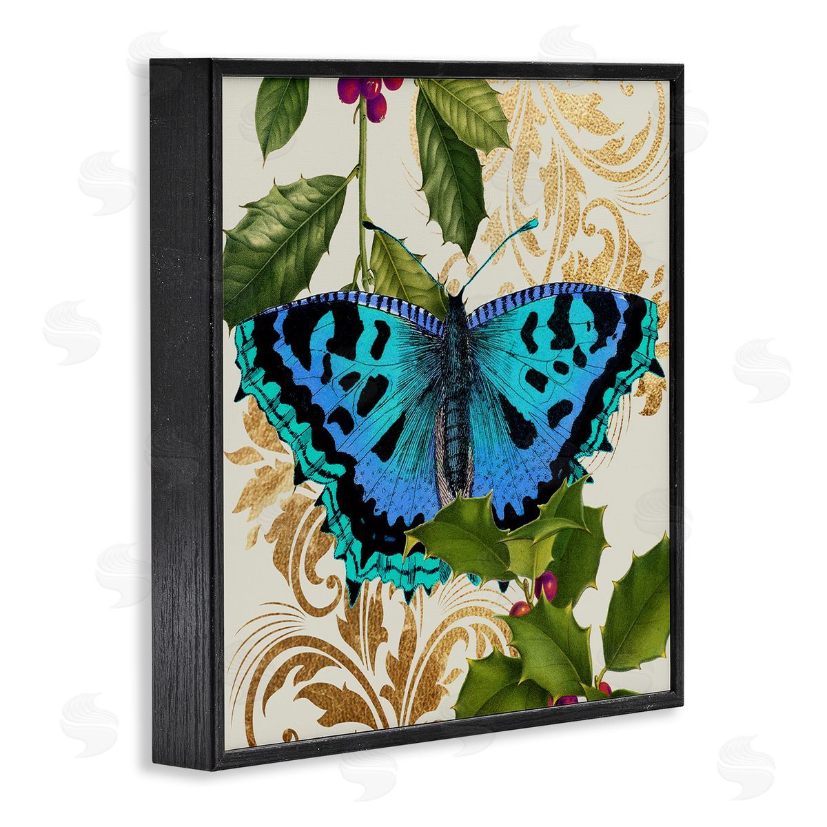 Stupell Studio Dazzling Butterfly Wings Golden Floral Design Winter Holly Black Framed Glicee Wall Art Print
