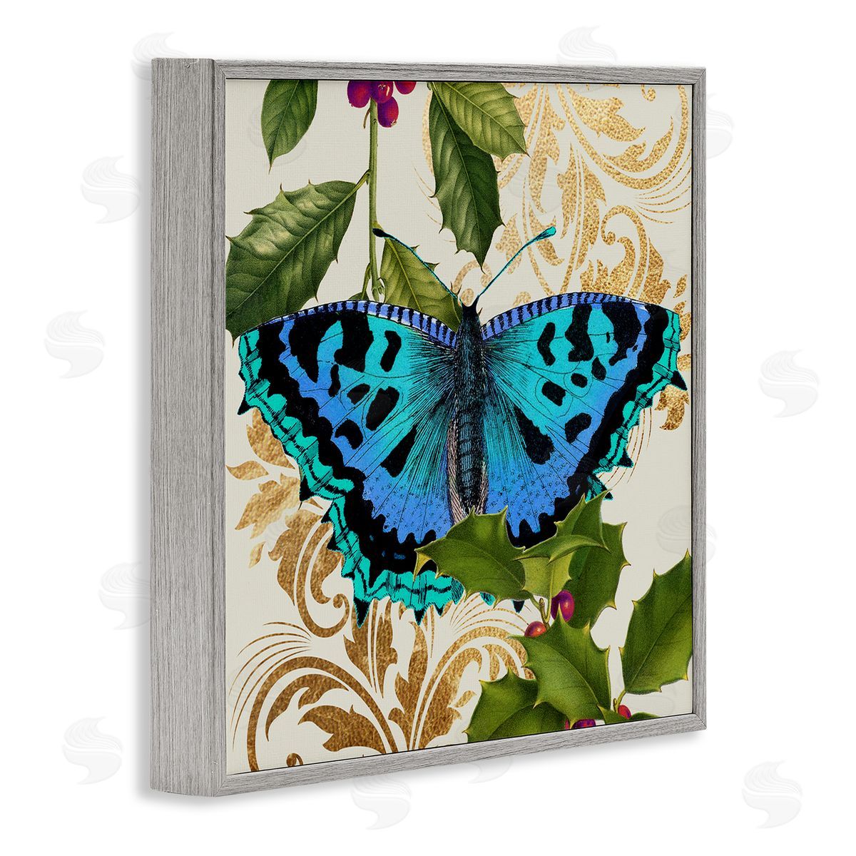Stupell Studio Dazzling Butterfly Wings Golden Floral Design Winter Holly Gray Framed Glicee Wall Art Print