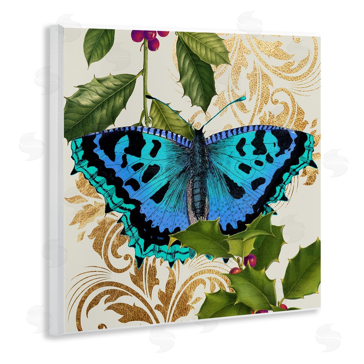Stupell Studio Dazzling Butterfly Wings Golden Floral Design Winter Holly Wooden Wall Plaque Art Print